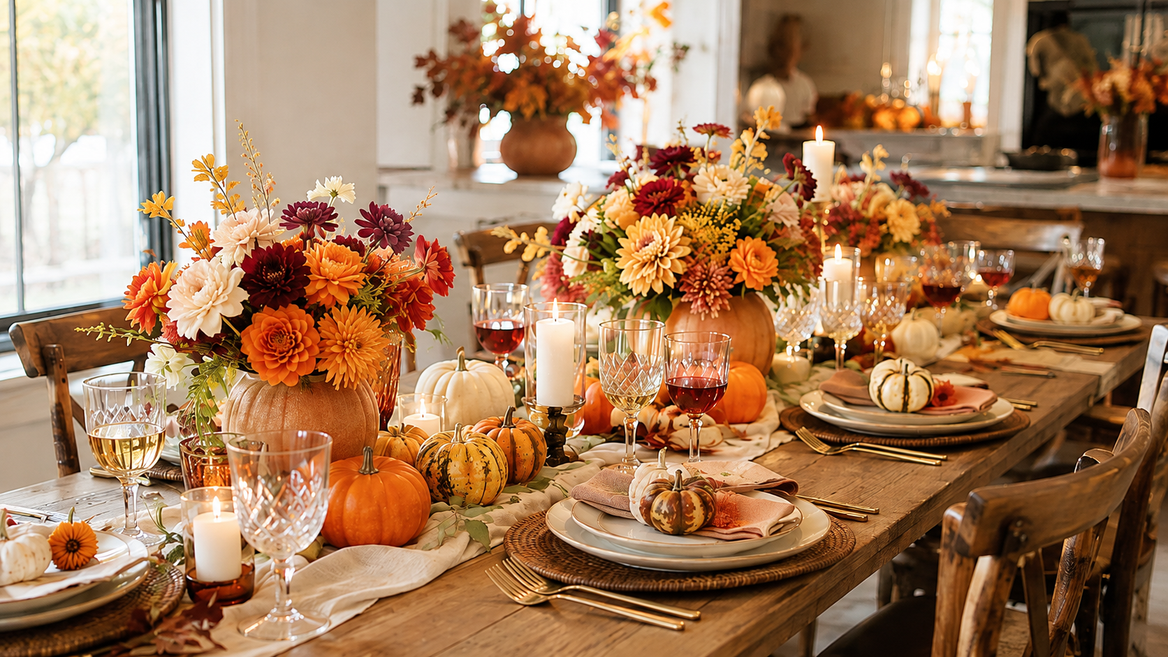 Fall dinner party table set with pumpkins, autumn flowers, candles and glassware in a bright dining room.