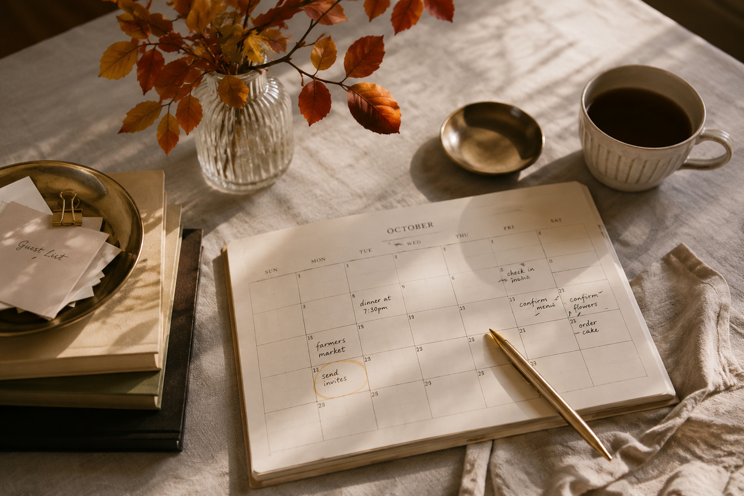 Open October planner with a fall dinner party date, guest list and preparation notes beside autumn leaves and coffee.