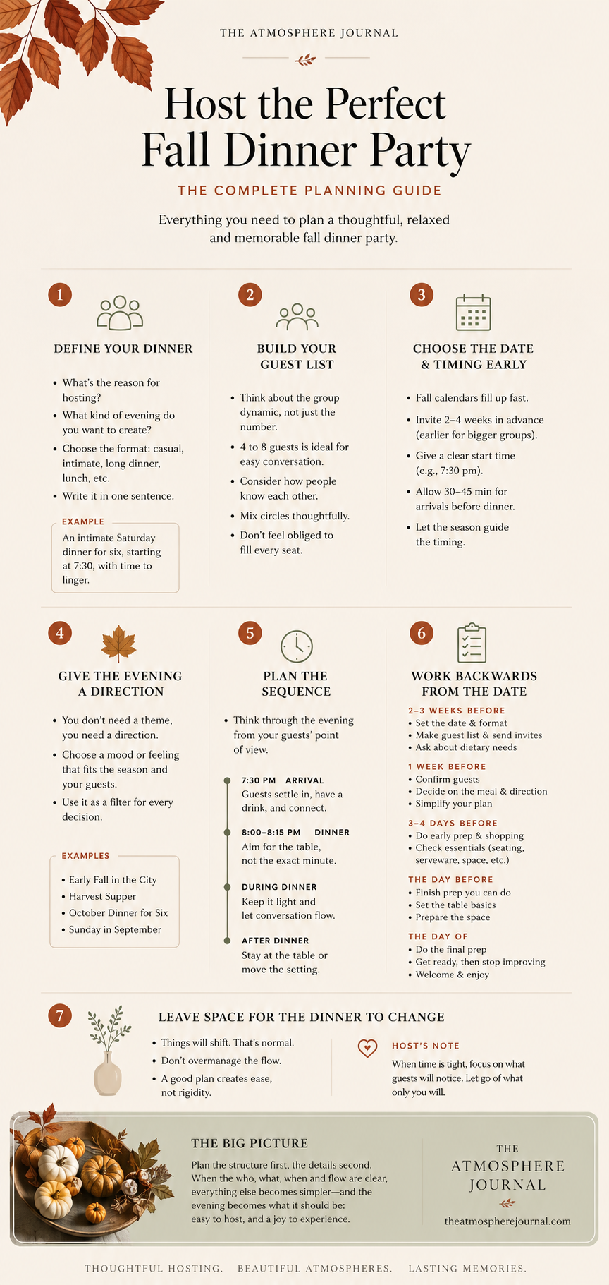 Fall dinner party planning infographic covering the guest list, date and timing, creative direction, evening flow and preparation timeline.